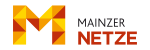 Das Logo zeigt ein oranges und gelbes M auf der linken Seite. Rechts steht der Schriftzug MAINZER NETZE in Schwarz und Orange.