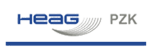 Logo mit dem Schriftzug HEAG in Blau und PZK in Grau, mit einer geschwungenen Reihe von grauen Linien zwischen den Wörtern, alles über einer horizontalen blauen Linie.
